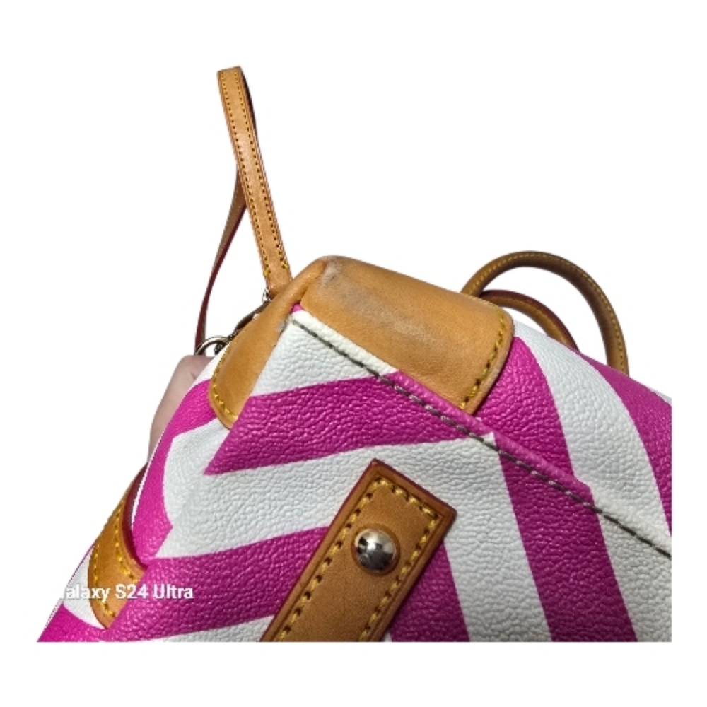 Dooney And Bourke Pink And White Chevron Satchel With Leather Trim - Picture 14 of 16